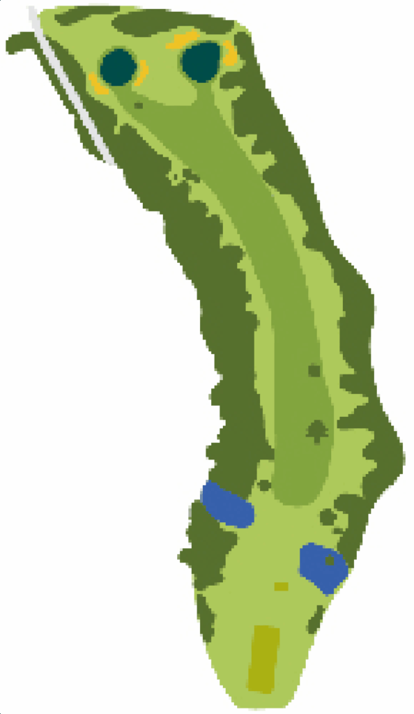 1番ホール・パー4・374ヤードのコースレイアウト図とハザード配置